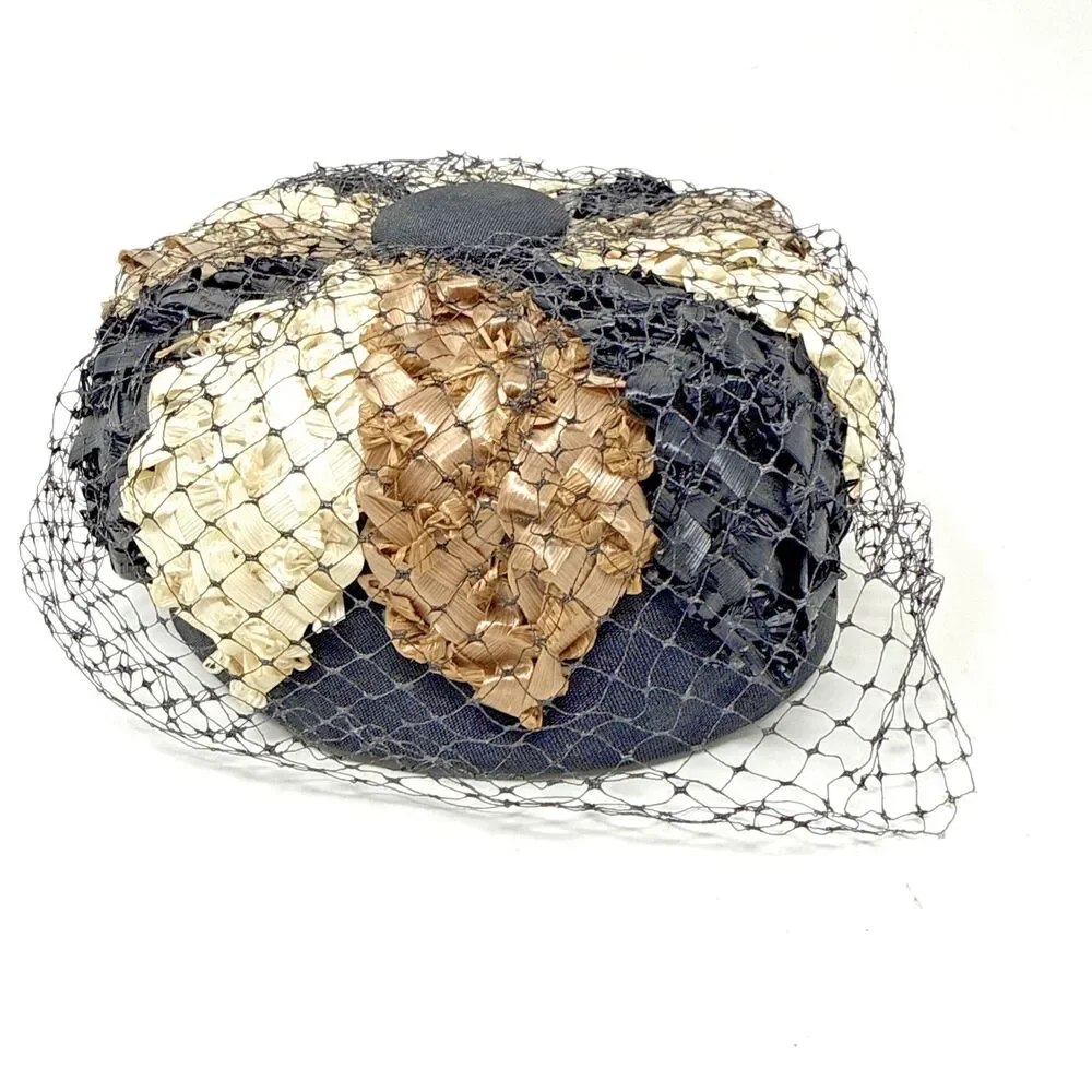 VTG 1950s Pillbox Hat Net Veil Womens Black Cream Taupe Woven Raffia Rockabilly - Picture 7 of 11